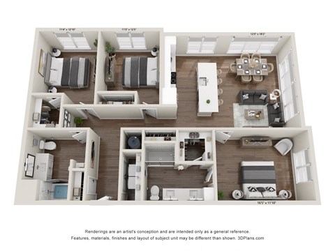 Floor plan for 3 beds, 2 baths, 1442 sqft